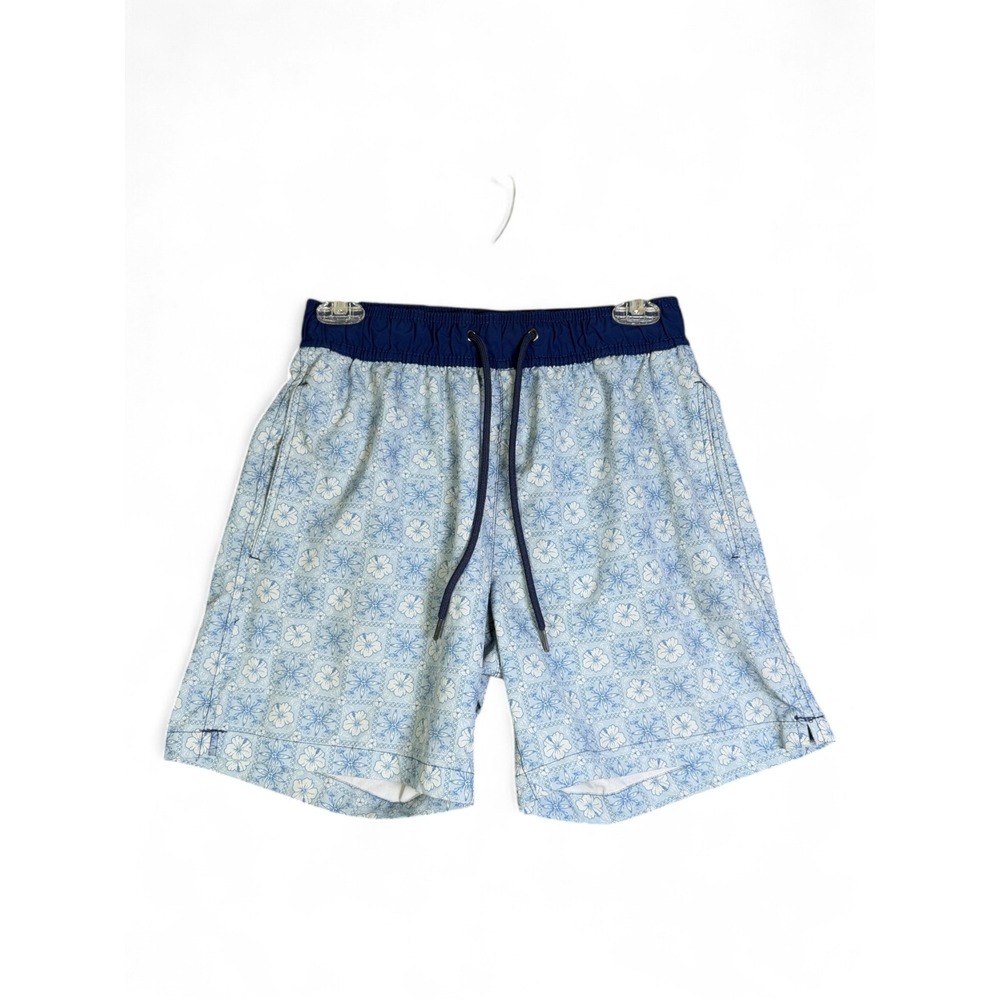 Beach Bros Mens Small Blue Floral Hibiscus Swim Trunk Elastic Waist Board Shorts